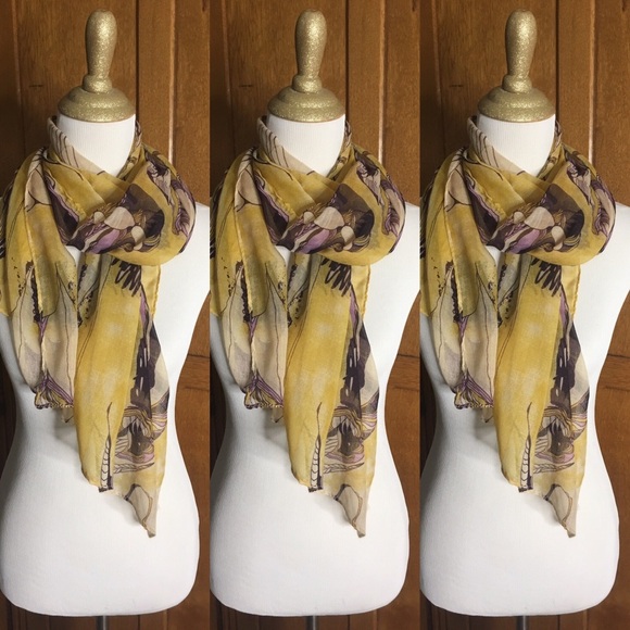 🛍️Floral yellow purple iris oblong poly scarf 21x62 - Picture 3 of 5